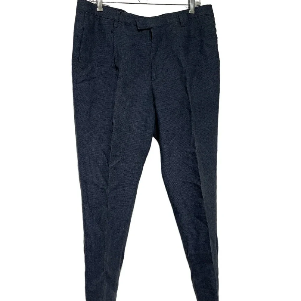 Banana Republic Slim Fit Linen Pants Mens 33x34 Navy‎ Blue Micro Check Trousers